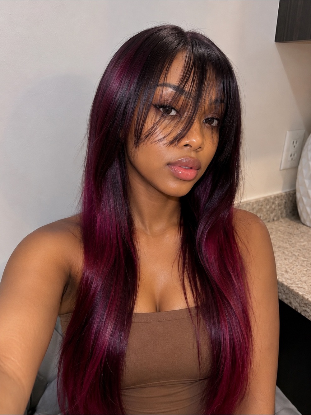 Brazilian Human Hair Sleek Black to Burgundy  Women's Wig with Fringe 30 inches